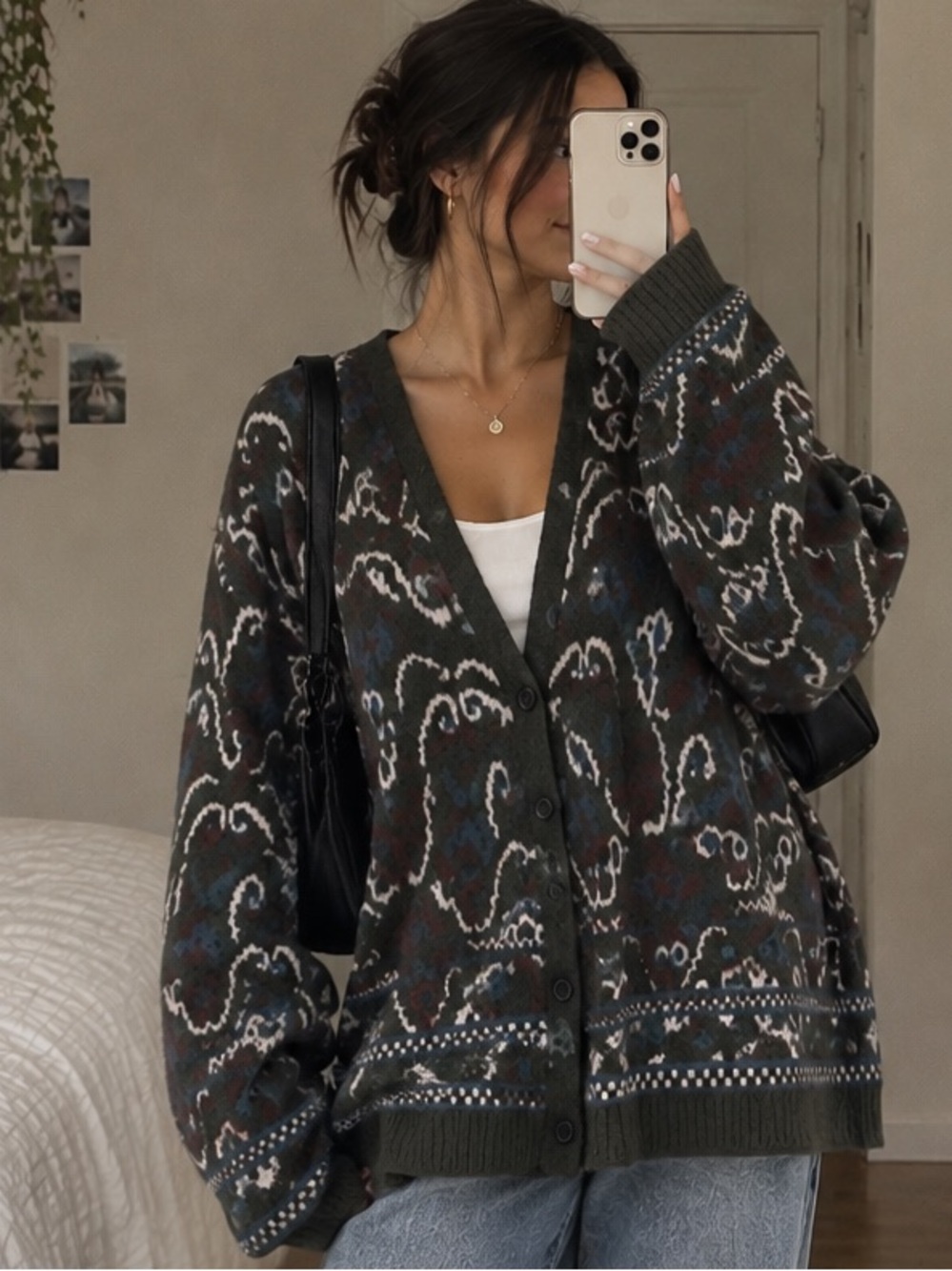 Unisex Patterned V-Neck Cardigan Sweater